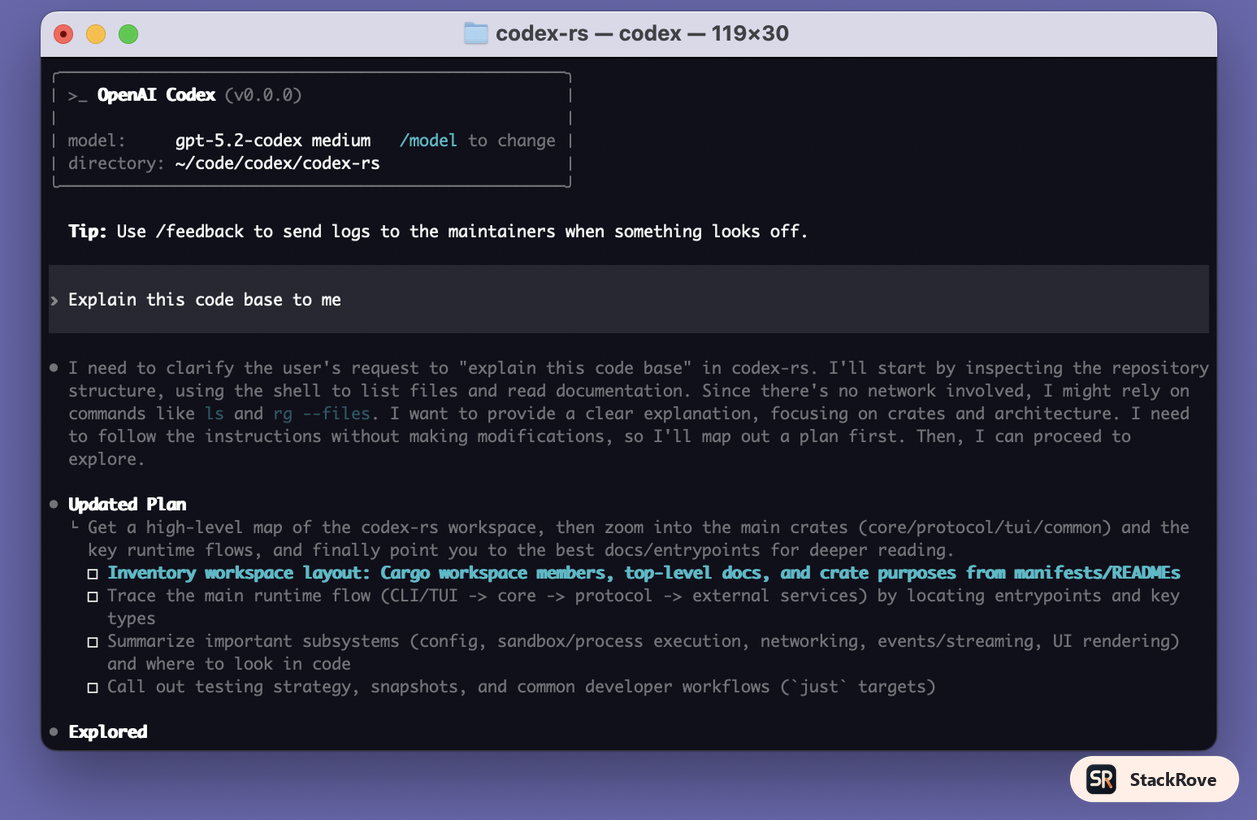 Public Codex CLI image showing a real Codex working surface in the terminal.