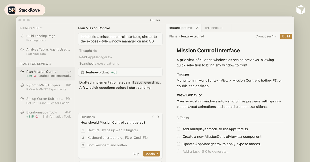 Official Cursor product interface image showing the agent workflow inside the editor.