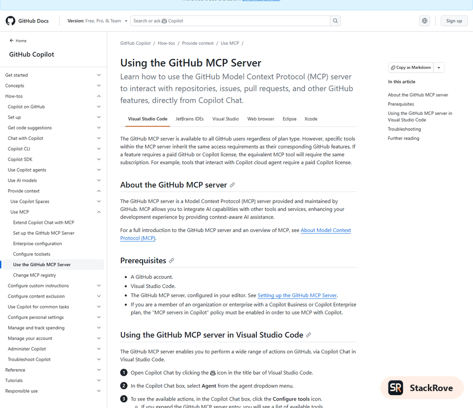 Official GitHub Docs screenshot showing the GitHub MCP Server documentation and setup flow.