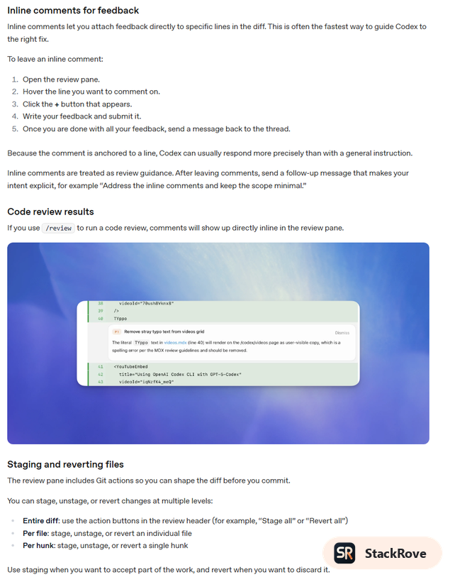 Official OpenAI Developers screenshot showing the Codex app review documentation, including inline comments feedback, code review results, and staging or reverting guidance.