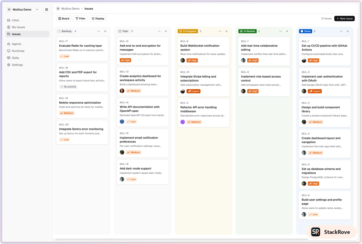 Official Multica board image showing a team-visible issue board with assigned agent work across workflow columns.