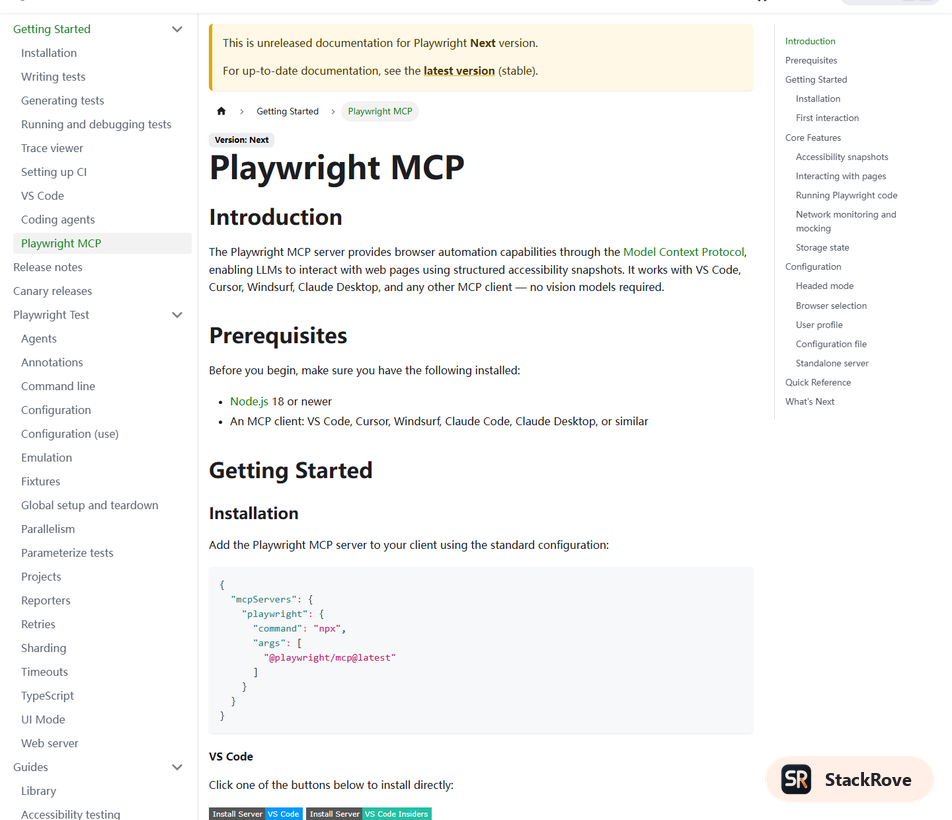 Official Playwright Docs screenshot showing the MCP installation and getting-started section.