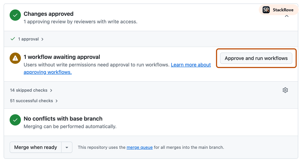 Official GitHub Copilot pull request merge box image showing the approve-and-run-workflows button.