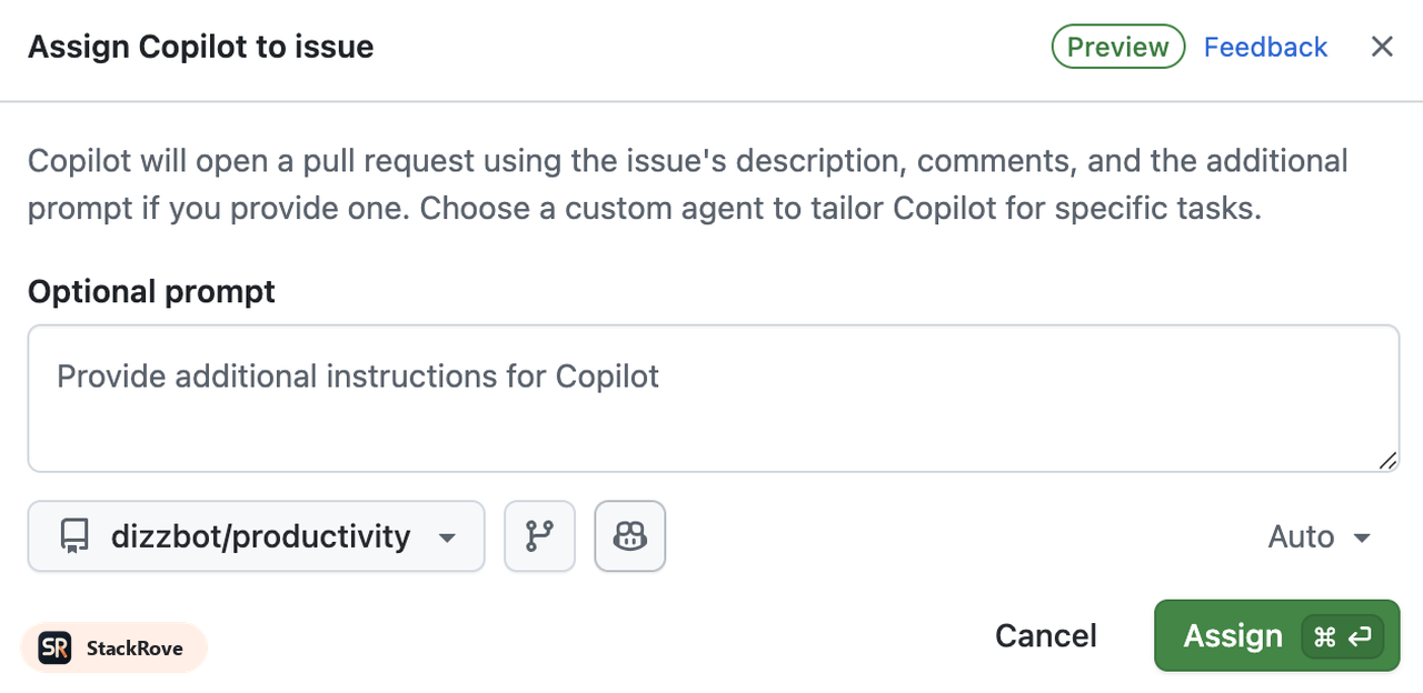 Official GitHub Copilot assignment dialog image showing repository selection, optional prompt, and the assign action.