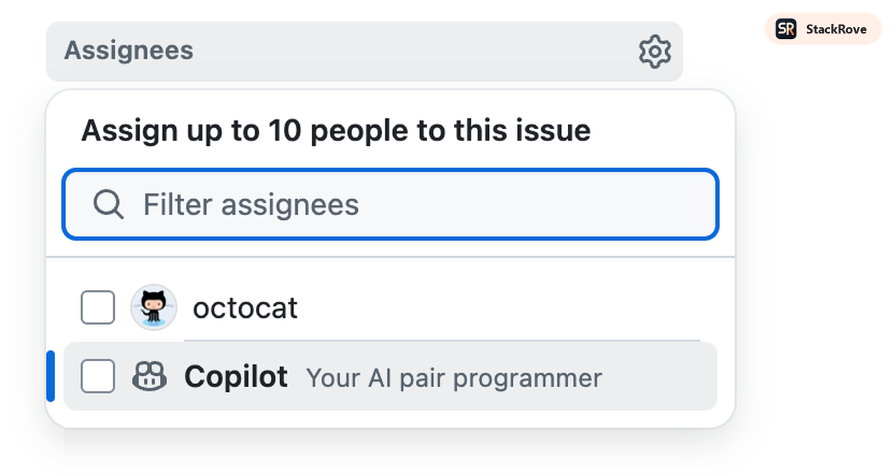 Official GitHub Copilot issue assignee image showing Copilot as an available assignee on a GitHub issue.