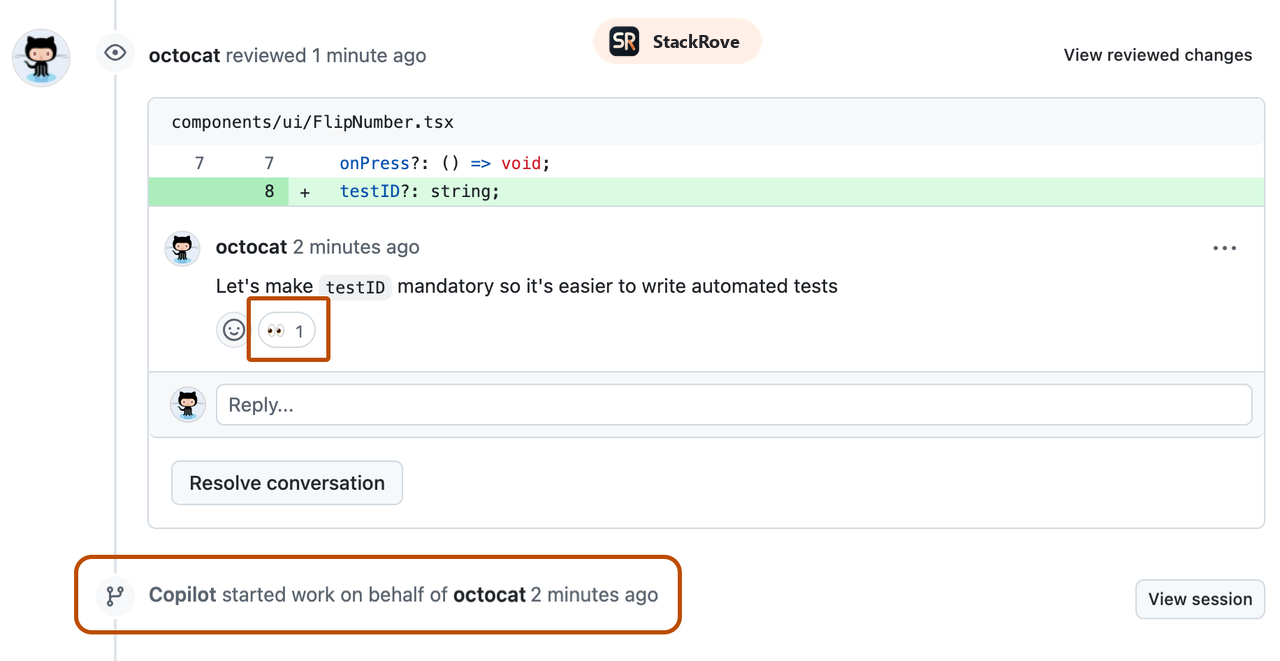 Official GitHub Copilot PR timeline image showing a comment that triggered Copilot work and the timeline event confirming the agent started.